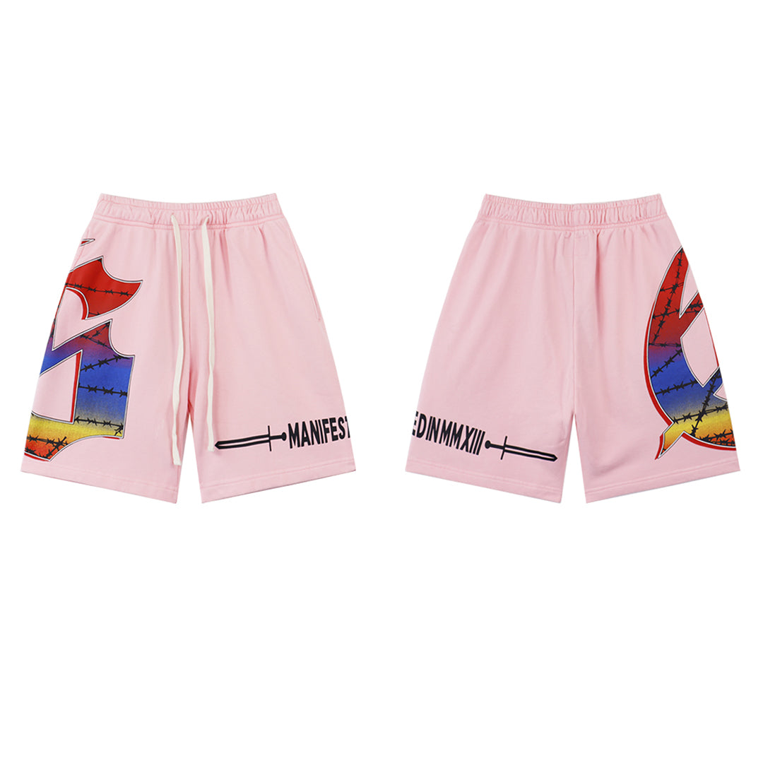 Black & Blue & Pink Washed Double Yarn Printed Shorts Vintage Streetwear Style 8775