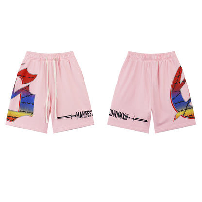 Black & Blue & Pink Washed Double Yarn Printed Shorts Vintage Streetwear Style 8775