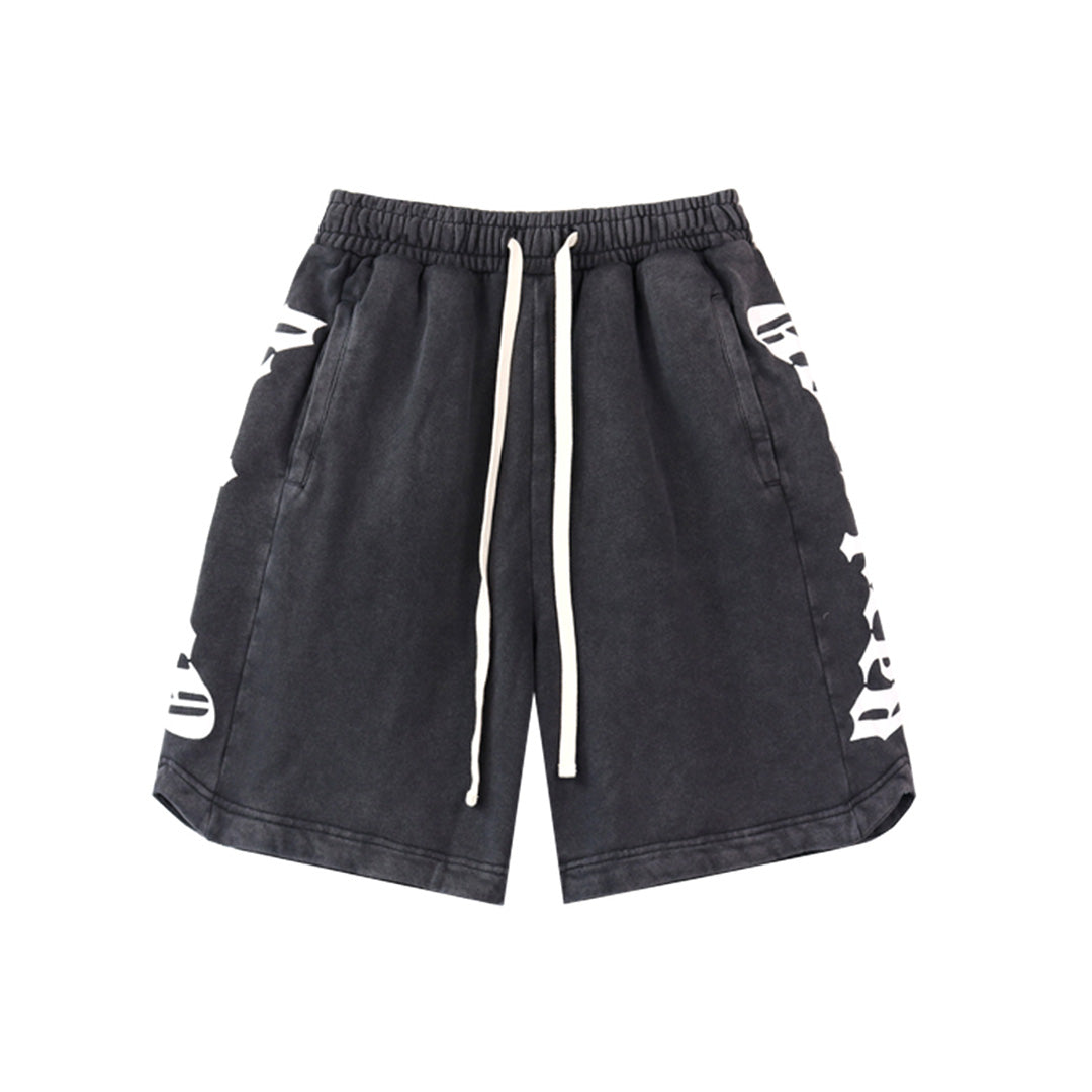 Black & Blue & Pink Washed Double Yarn Printed Shorts Vintage Streetwear Style 8779