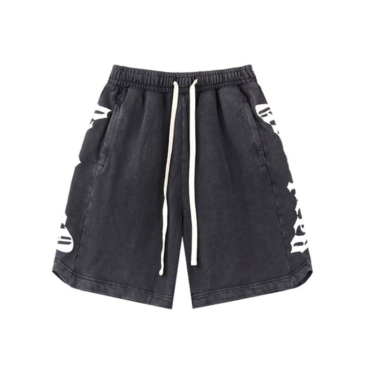 Black & Blue & Pink Washed Double Yarn Printed Shorts Vintage Streetwear Style 8779