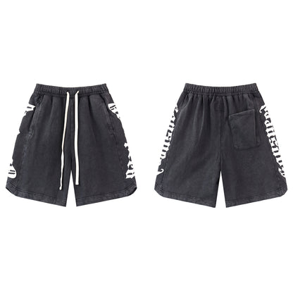 Black & Blue & Pink Washed Double Yarn Printed Shorts Vintage Streetwear Style 8779