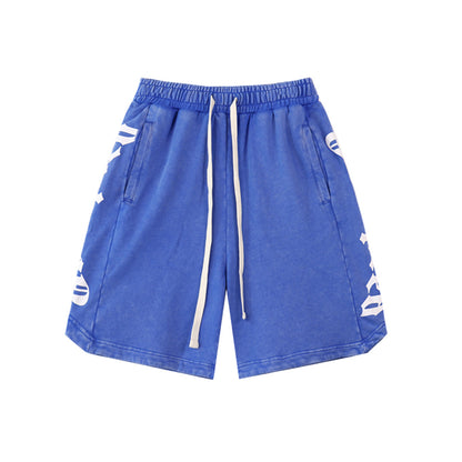 Black & Blue & Pink Washed Double Yarn Printed Shorts Vintage Streetwear Style 8779