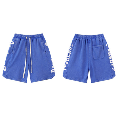 Black & Blue & Pink Washed Double Yarn Printed Shorts Vintage Streetwear Style 8779