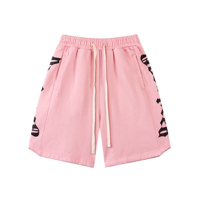 Black & Blue & Pink Washed Double Yarn Printed Shorts Vintage Streetwear Style 8779