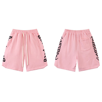 Black & Blue & Pink Washed Double Yarn Printed Shorts Vintage Streetwear Style 8779