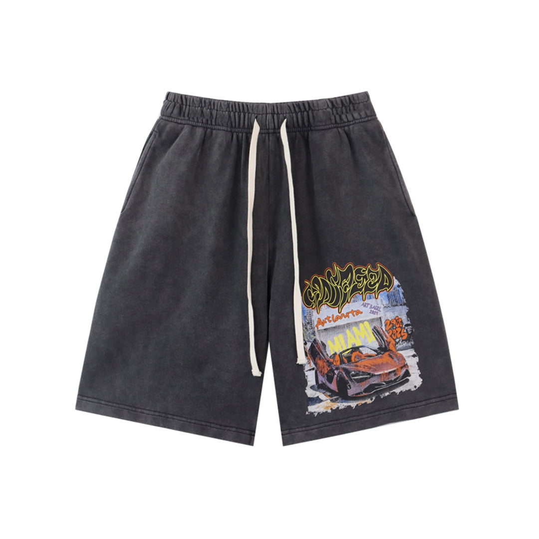 Black & Blue Washed Double Yarn Printed Shorts Vintage Streetwear Style 8780