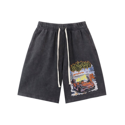 Black & Blue Washed Double Yarn Printed Shorts Vintage Streetwear Style 8780