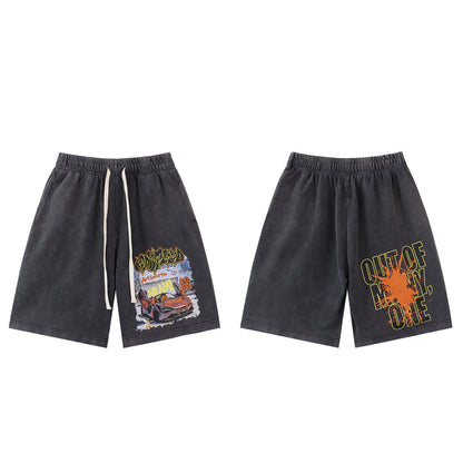 Black & Blue Washed Double Yarn Printed Shorts Vintage Streetwear Style 8780