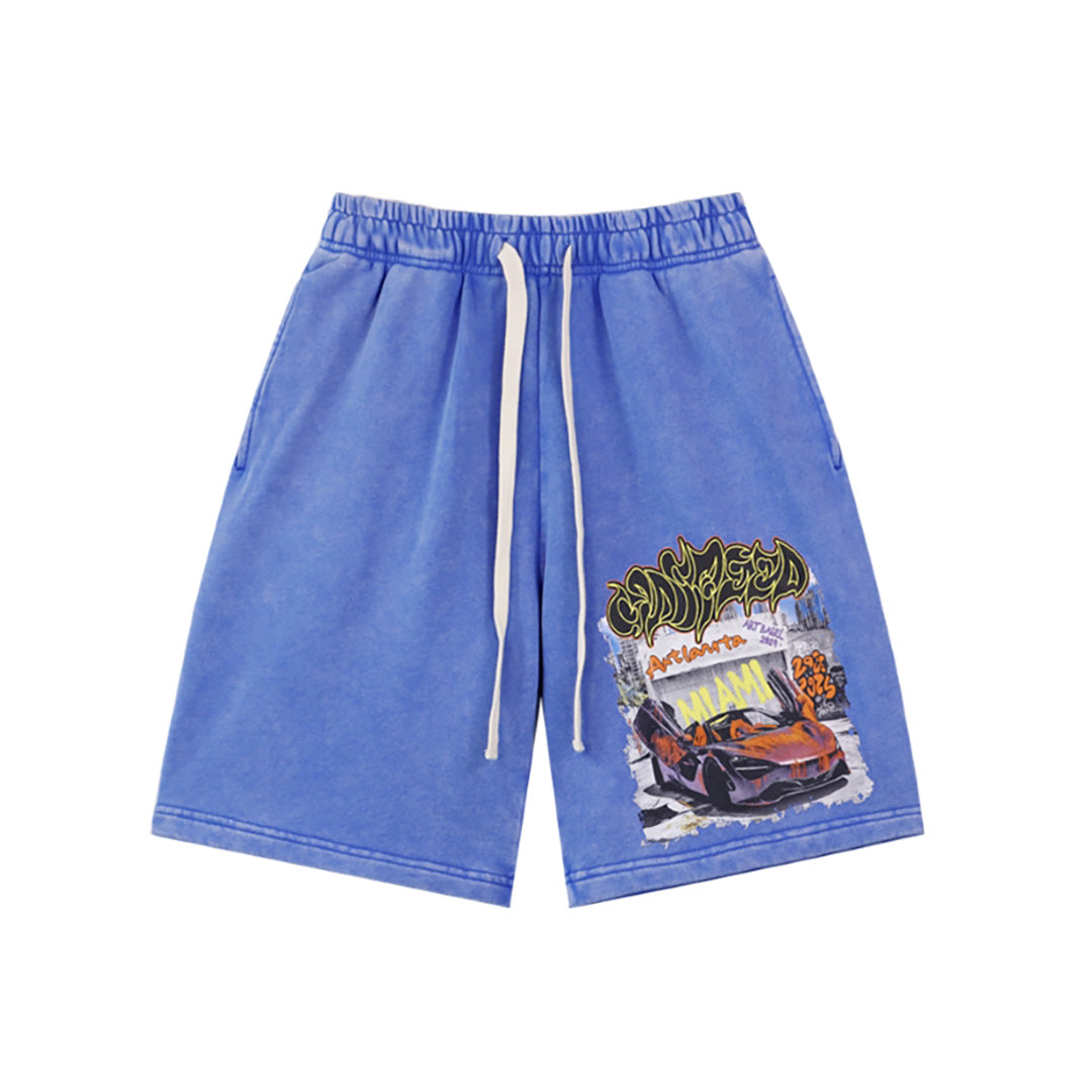 Black & Blue Washed Double Yarn Printed Shorts Vintage Streetwear Style 8780