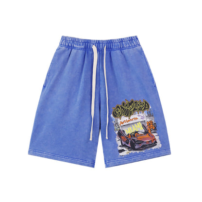 Black & Blue Washed Double Yarn Printed Shorts Vintage Streetwear Style 8780