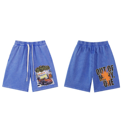 Black & Blue Washed Double Yarn Printed Shorts Vintage Streetwear Style 8780