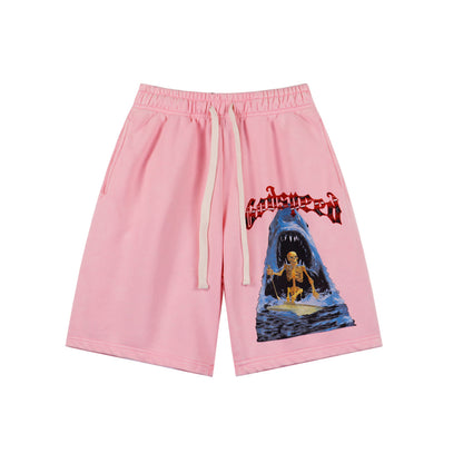 Black & Pink Washed Double Yarn Printed Shorts Vintage Streetwear Style 8781