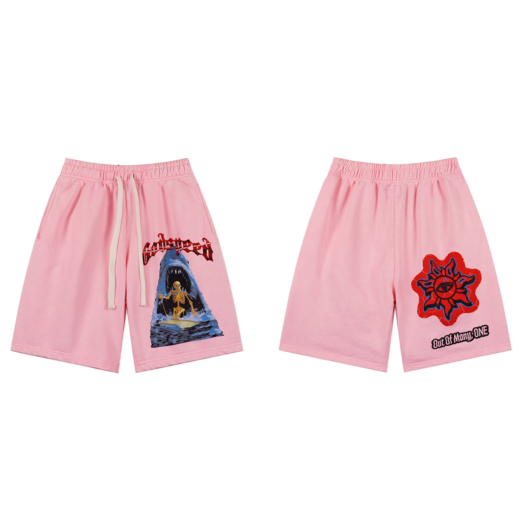 Black & Pink Washed Double Yarn Printed Shorts Vintage Streetwear Style 8781