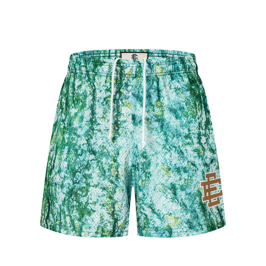 Green Tie Dye Mesh Shorts Loose Fit Breathable Elastic Waist Streetwear Quick-drying Shorts Shorts EES01