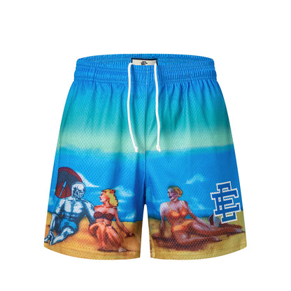 Ocean Blue Beach Wave Streetwear Loose Fit Shorts Summer Casual Surf Style EES-08