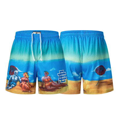 Ocean Blue Beach Wave Streetwear Loose Fit Shorts Summer Casual Surf Style EES-08