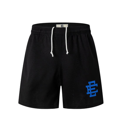 Black Streetwear Shorts Blue Letter Print Quick Dry Loose Fit Breathable Elastic Waist Summer Casual Shorts EES17