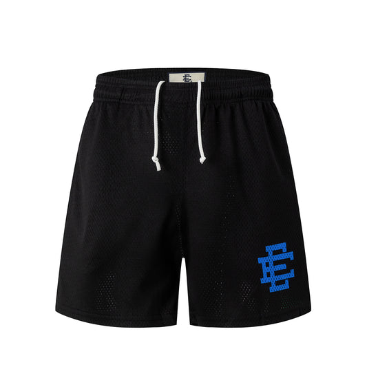 Black Streetwear Shorts Blue Letter Print Quick Dry Loose Fit Breathable Elastic Waist Summer Casual Shorts EES17
