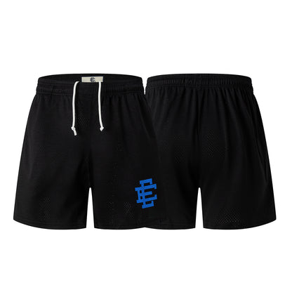 Black Streetwear Shorts Blue Letter Print Quick Dry Loose Fit Breathable Elastic Waist Summer Casual Shorts EES17