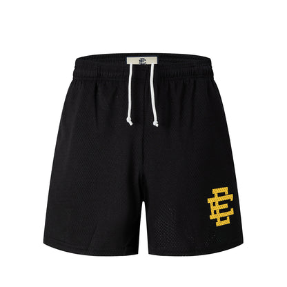 Black Streetwear Shorts Gold Letter Print Quick Dry Loose Fit Breathable Elastic Waist Summer Casual Shorts EES18