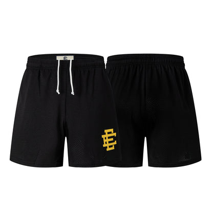 Black Streetwear Shorts Gold Letter Print Quick Dry Loose Fit Breathable Elastic Waist Summer Casual Shorts EES18