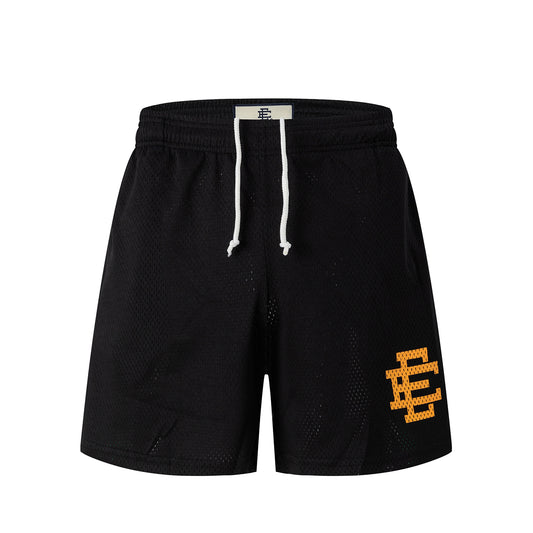 Black Streetwear Shorts Orange Letter Print Loose Fit Breathable Elastic Waist Summer Casual Shorts EES20