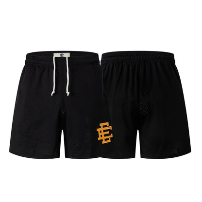 Black Streetwear Shorts Orange Letter Print Loose Fit Breathable Elastic Waist Summer Casual Shorts EES20