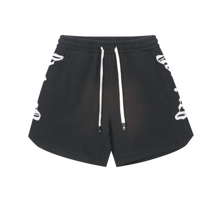 Vintage Street Style Washed Embroidered Letter Drawstring Shorts Loose Fit Unisex Streetwear Casual Shorts G0001