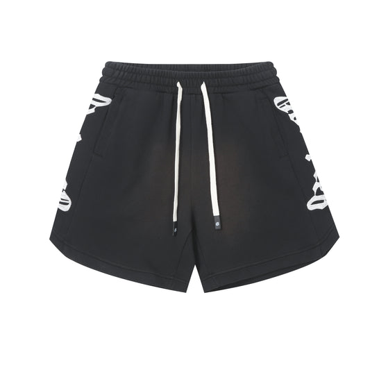 Vintage Street Style Washed Embroidered Letter Drawstring Shorts Loose Fit Unisex Streetwear Casual Shorts G0001