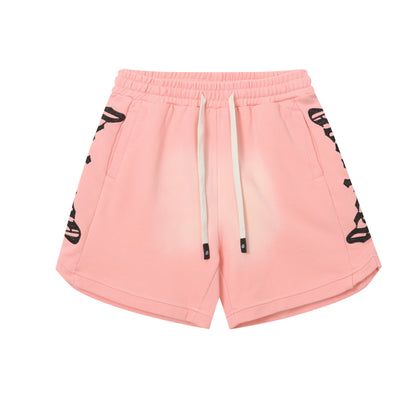 Vintage Street Style Washed Embroidered Letter Drawstring Shorts Loose Fit Unisex Streetwear Casual Shorts G0001