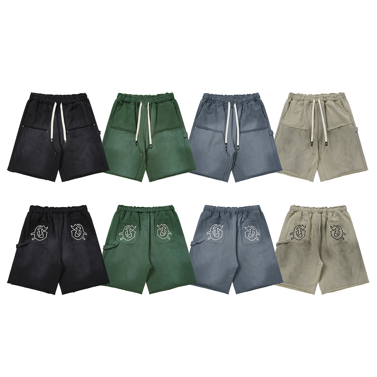 Washed Distressed Cotton Pants Vintage Streetwear Style 380G Spray Wash Ripped Hem Hand Rivet G001