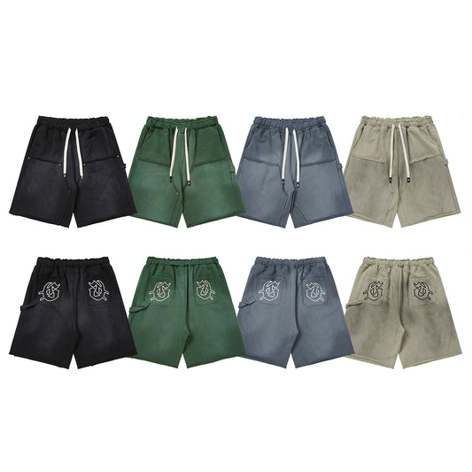Washed Distressed Cotton Pants Vintage Streetwear Style 380G Spray Wash Ripped Hem Hand Rivet G001