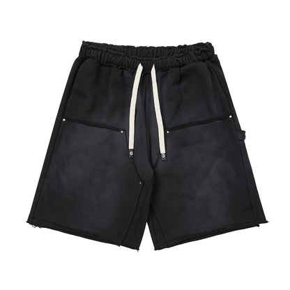 Washed Distressed Cotton Pants Vintage Streetwear Style 380G Spray Wash Ripped Hem Hand Rivet G001