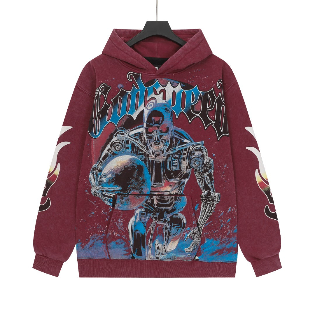 Sweat à capuche homme rouge et noir style vintage délavé (impression artisanale) G6603