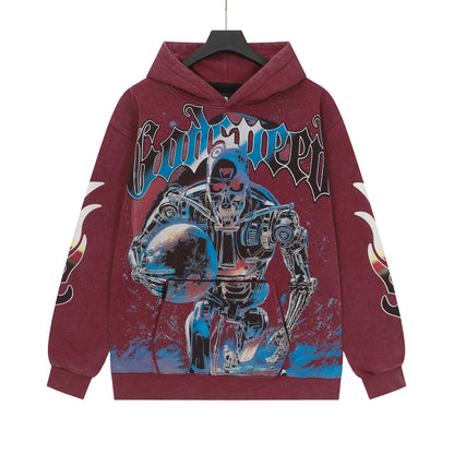 Sweat à capuche homme rouge et noir style vintage délavé (impression artisanale) G6603