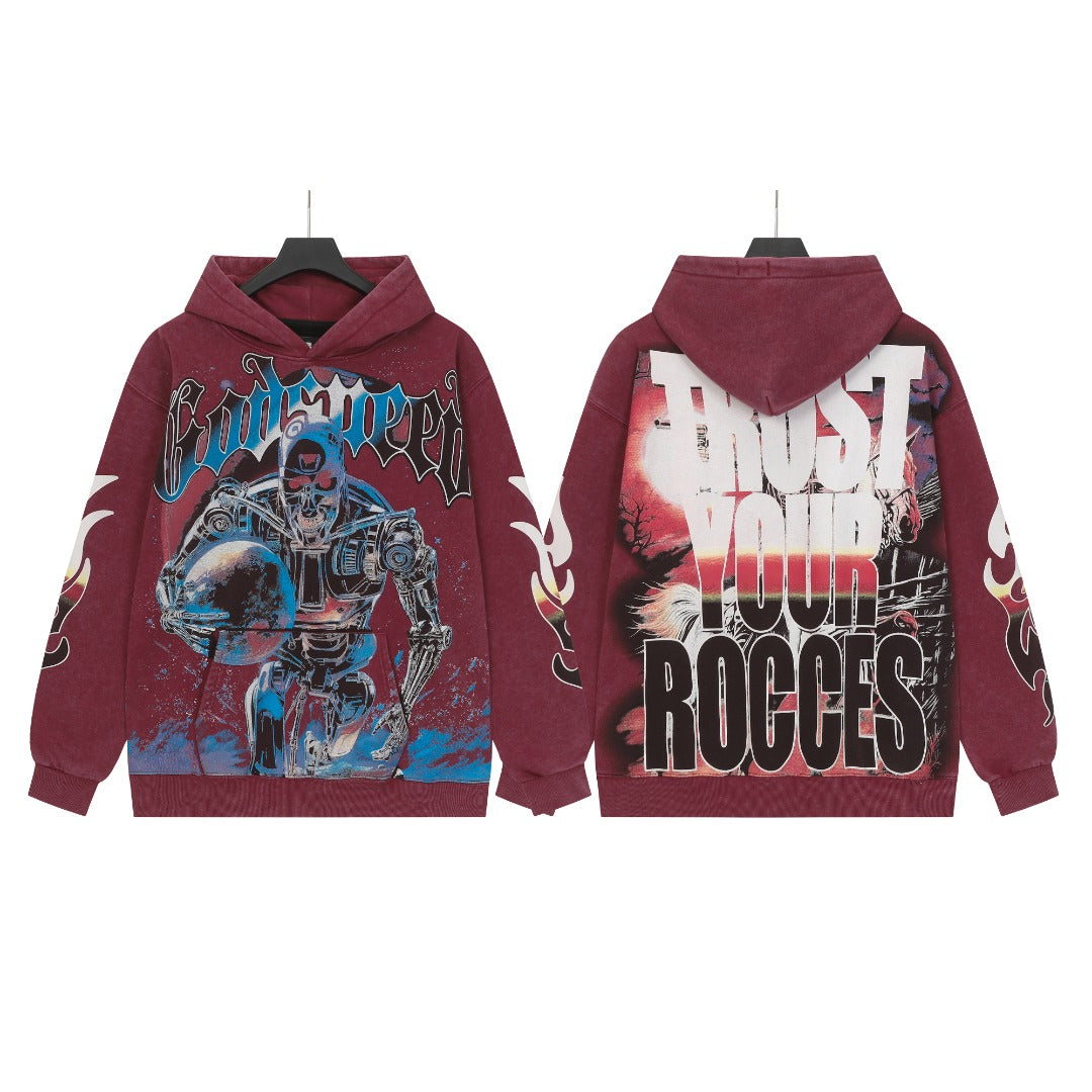 Sweat à capuche homme rouge et noir style vintage délavé (impression artisanale) G6603