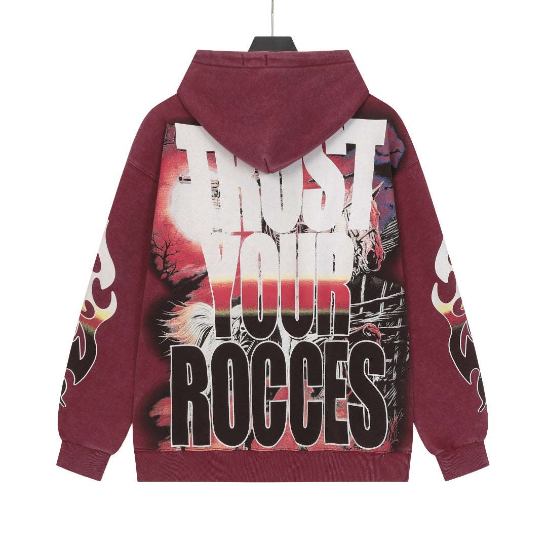 Sweat à capuche homme rouge et noir style vintage délavé (impression artisanale) G6603