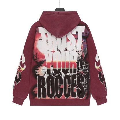 Sweat à capuche homme rouge et noir style vintage délavé (impression artisanale) G6603