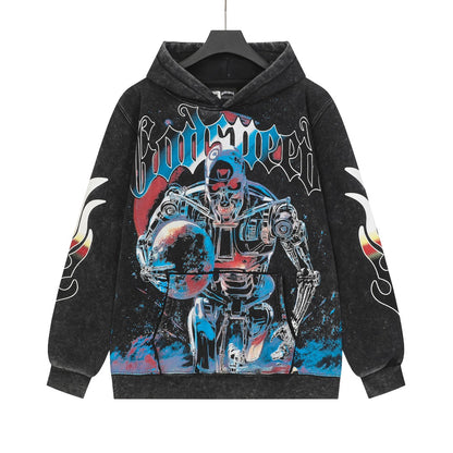 Sweat à capuche homme rouge et noir style vintage délavé (impression artisanale) G6603