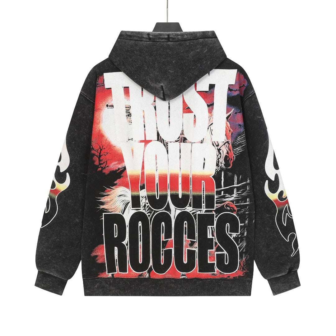 Sweat à capuche homme rouge et noir style vintage délavé (impression artisanale) G6603