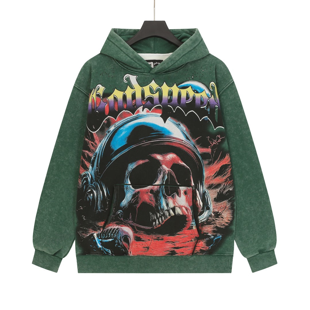 Sweat à capuche homme vert et noir style vintage délavé (impression artisanale) G6605