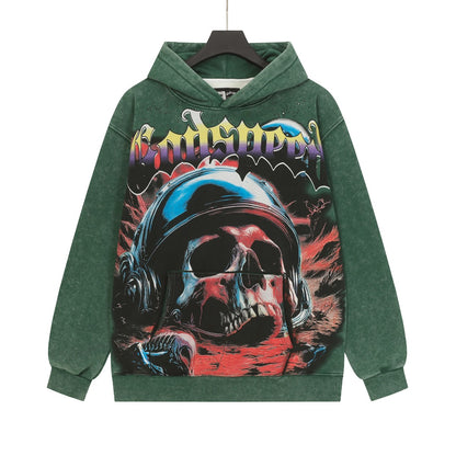 Sweat à capuche homme vert et noir style vintage délavé (impression artisanale) G6605
