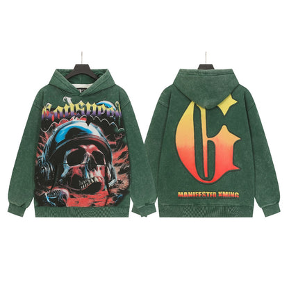 Sweat à capuche homme vert et noir style vintage délavé (impression artisanale) G6605