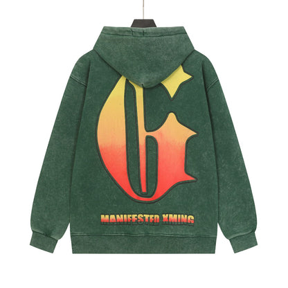 Sweat à capuche homme vert et noir style vintage délavé (impression artisanale) G6605