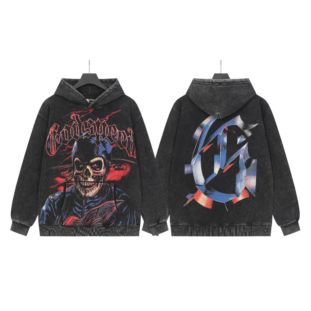 Sweat à capuche homme noir et kaki style vintage délavé (imprimé artisanal) G6606