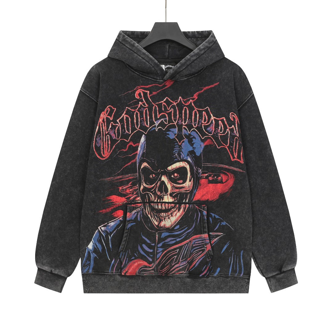 Sweat à capuche homme noir et kaki style vintage délavé (imprimé artisanal) G6606
