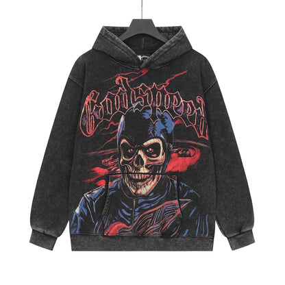 Sweat à capuche homme noir et kaki style vintage délavé (imprimé artisanal) G6606