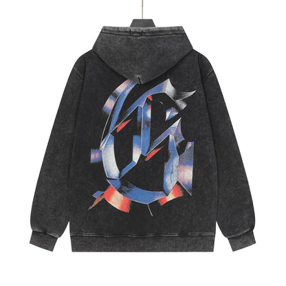 Sweat à capuche homme noir et kaki style vintage délavé (imprimé artisanal) G6606