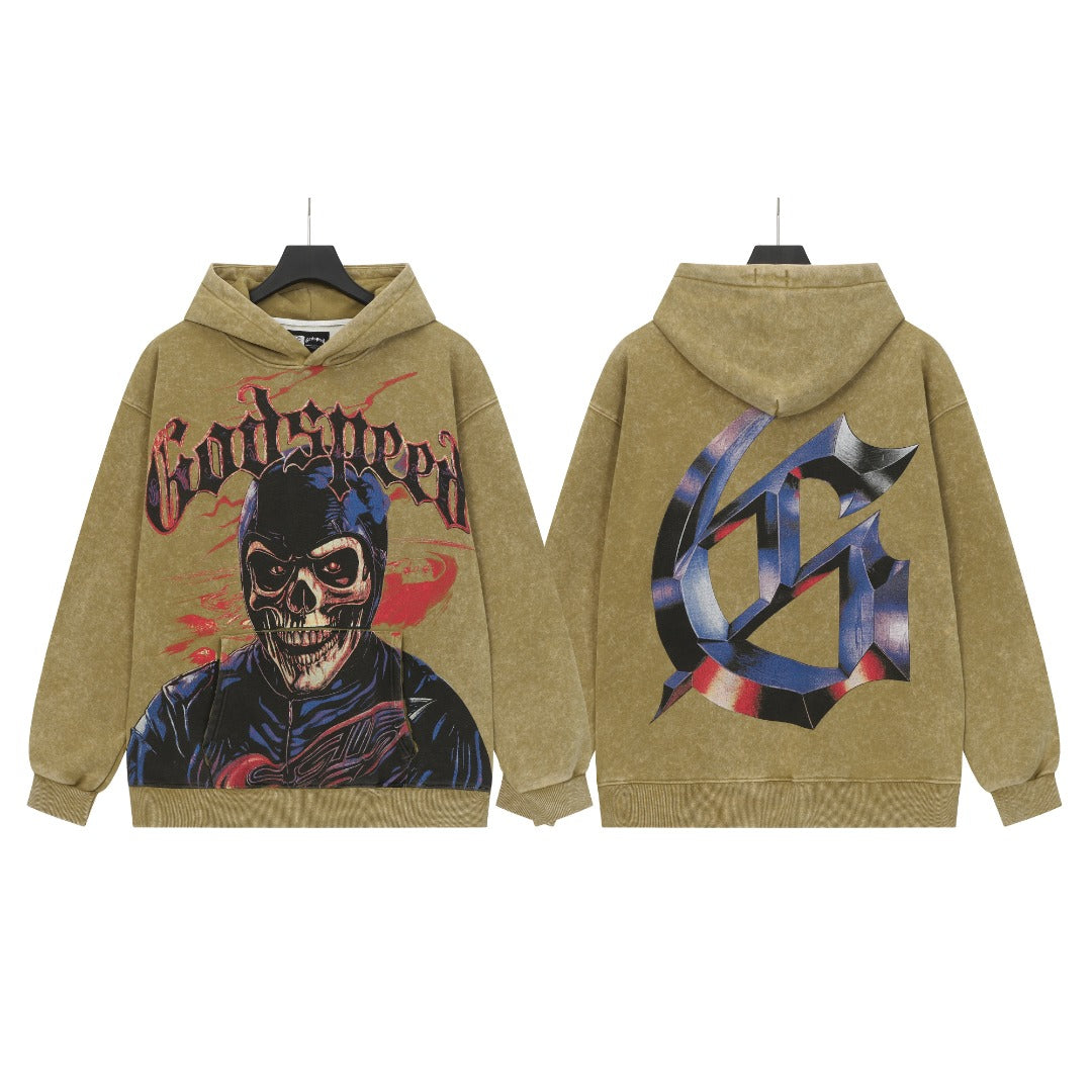 Sweat à capuche homme noir et kaki style vintage délavé (imprimé artisanal) G6606