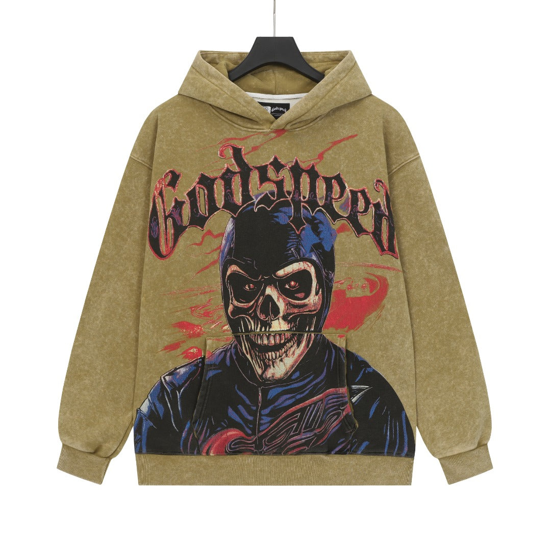 Sweat à capuche homme noir et kaki style vintage délavé (imprimé artisanal) G6606
